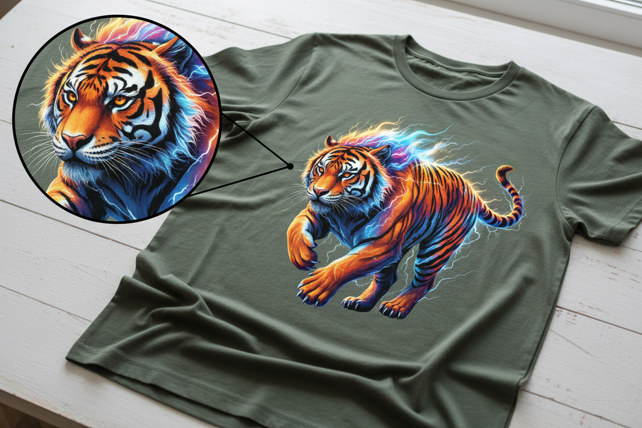 Ottimo! maglietta color army. Nel dettaglio che hai messo nell'angolo mostrami l'ingranfiment odella stampa presente nella maglietta, la zona del volto della tigre